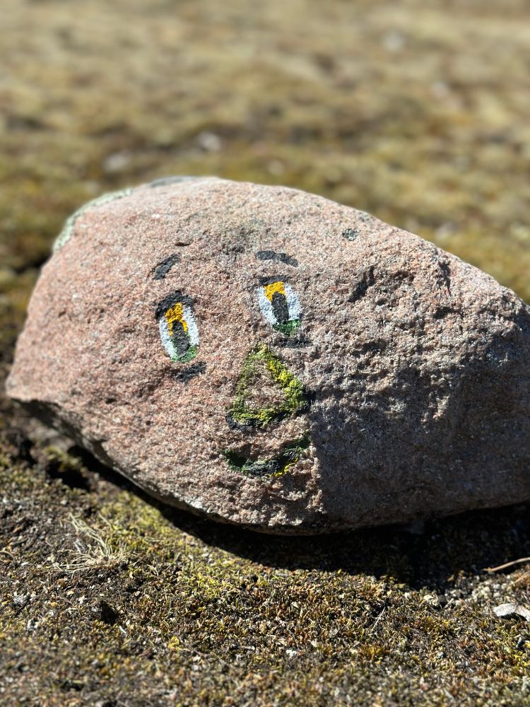 Kivi, jolle on maalattu silmät